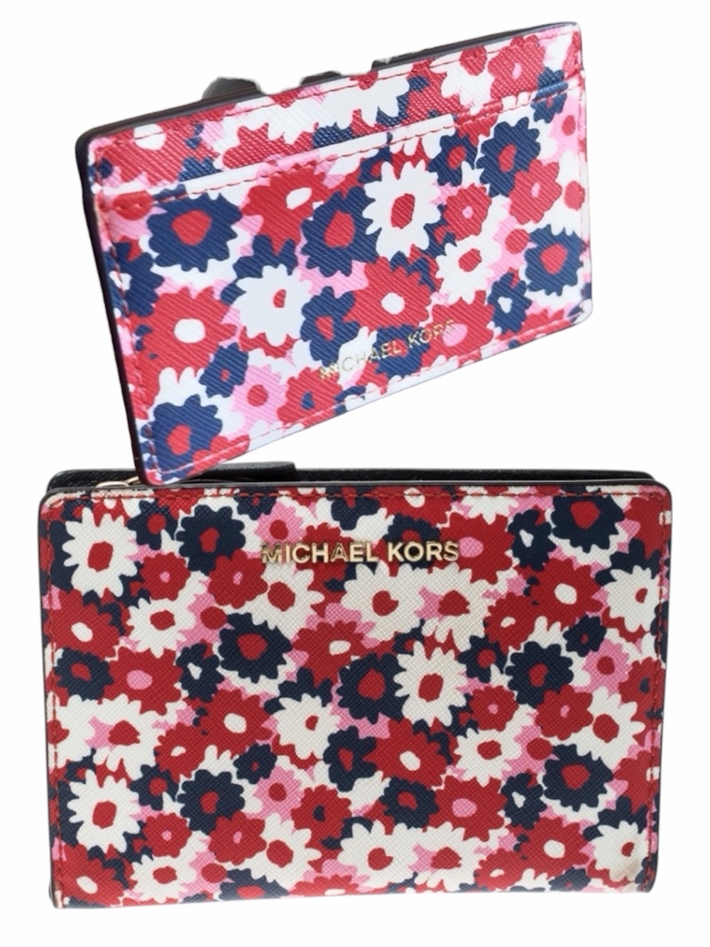 Michael Kors 2pc Multicolor Floral Begonia Leather Compact Wallet &  card holder